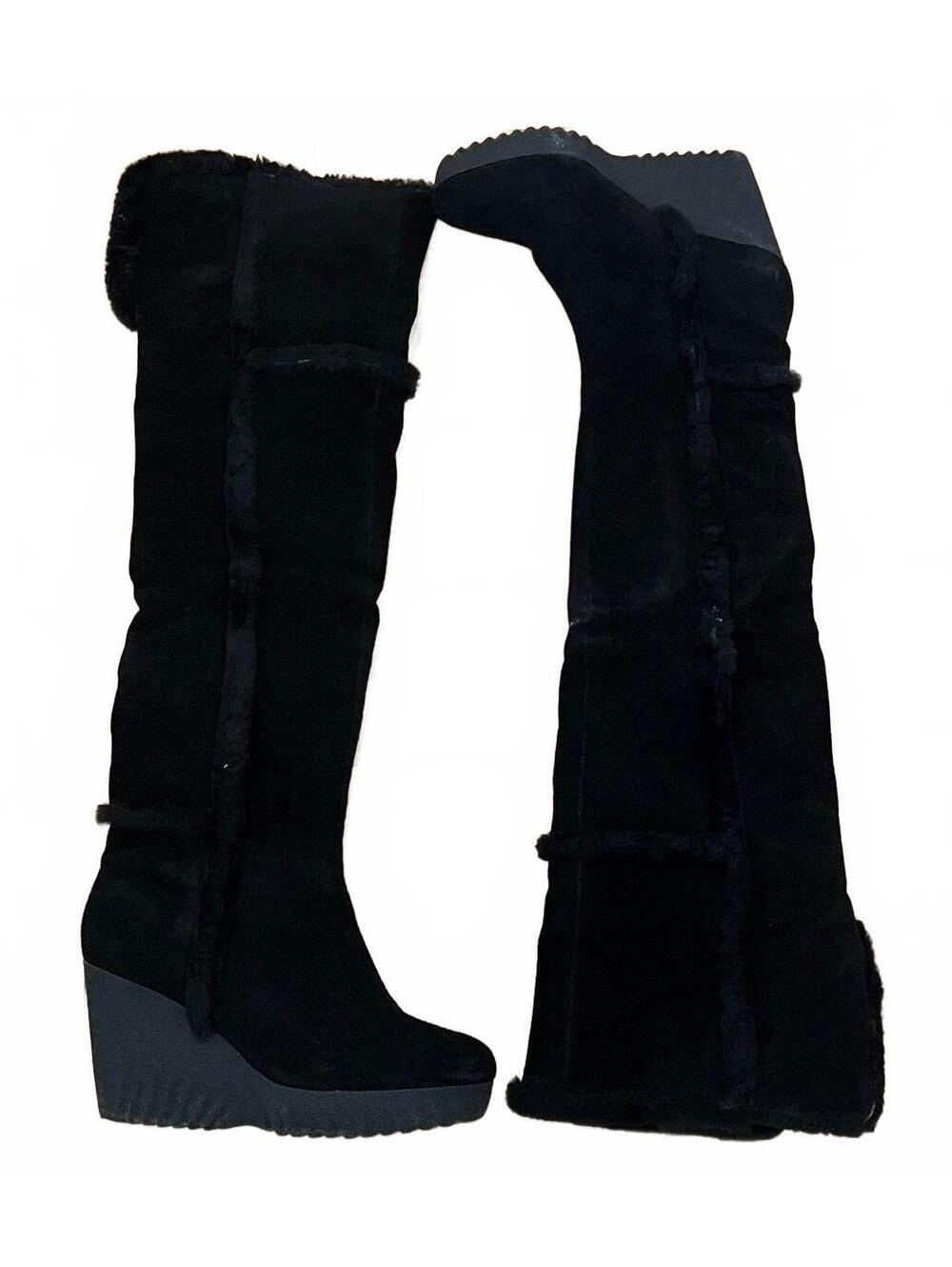 Vintage Y2K DVF Heidi Black Suede & Shearling Over the Knee Wedge Boots Sz 10.5